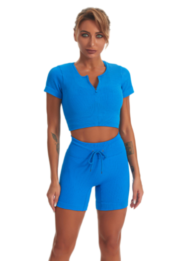 new solid color stretch zip-up tie-waist fitness yoga two-piece set
