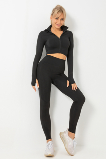 autumn stretch high-neck zip-up hole-thumb yoga fitness two-piece set