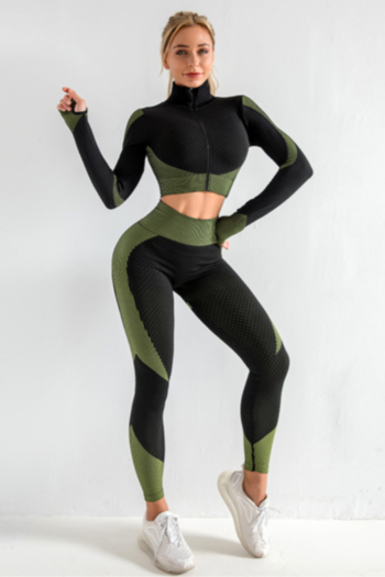 autumn contrast color spliced stretch high-neck hole-thumb yoga fitness two-piece set 2#