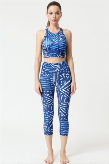 new two colors batch printing stretch padded sling vest with high waist cropped leggings yoga fitness two-piece set