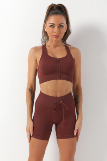 three colors stretch padded zip-up vest with tie-waist shorts yoga fitness two-piece set