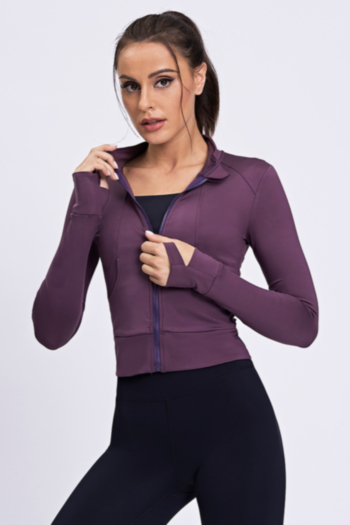 autumn new solid color stretch zip-up pockets yoga fitness high quality tight top