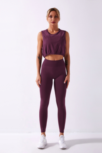 three colors stretch drawstring vest with high waist leggings yoga sports simple two-piece set