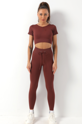 solid color ribbed stretch zip-up t-shirt with tie-waist leggings yoga fitness skinny two-piece set