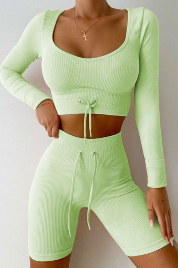 Autumn new solid color knitted stretch low-cut long-sleeve top with tie-waist shorts yoga fitness two-piece set