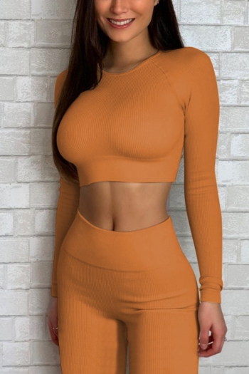 Autumn new solid color ribbed knit stretch yoga fitness tight top