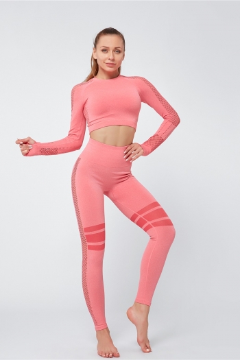 Spring four colors stretch high waist hollow thumb holes yoga fitness two-piece set
