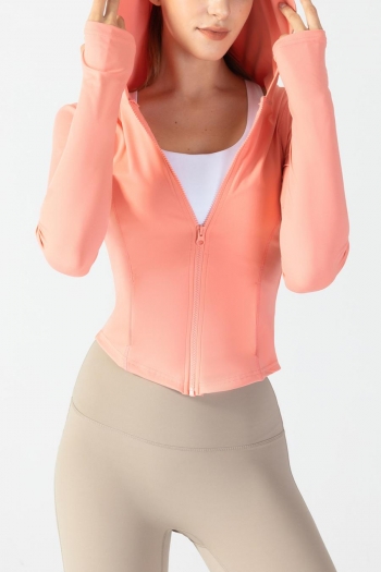 high stretch three colors hooded long sleeve zip-up pocket fitness sports top