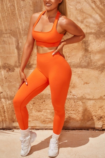 sports slight stretch ribbed knit hollow orange sleeveless fitness pants set