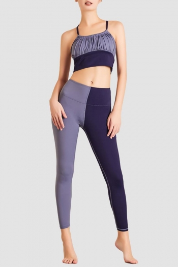 sports high stretch color-block padded shirring fitness pants set