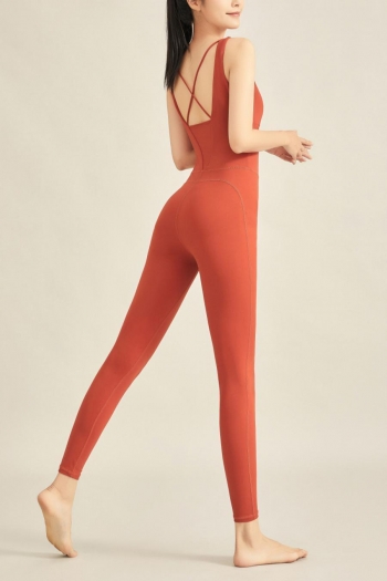 sports high stretch solid color padded sling slim yoga jumpsuit