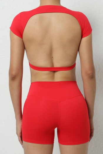 sports yoga slight stretch 7 colors short sleeve backless top & shorts set