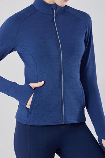 athletic stretch pure color zip up thumb hole pockets yoga top