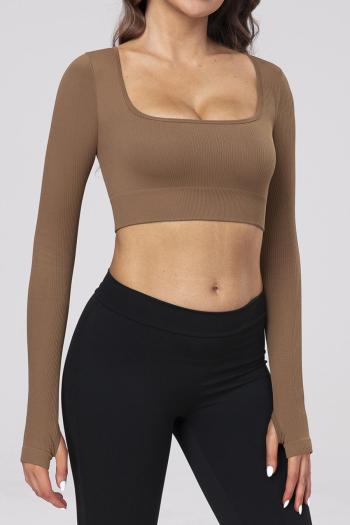 sports slight stretch pure color square neck thumb hole ribbed knit yoga top