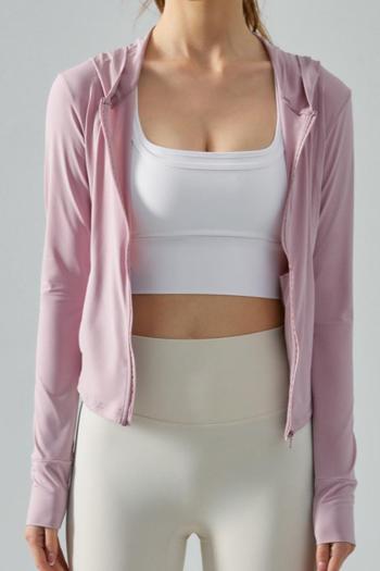 sports high stretch simple solid slim hooded yoga top size run small