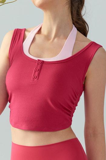 sport stretch sleeveless contrasting pad fake two-piece yoga top size run small