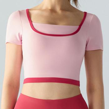 sport stretch pad contrasting fake two-piece cropped yoga top size run small