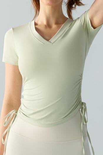 sport stretch v-neck solid drawstring short sleeve yoga top size run small