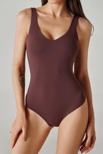 new pure color high stretch v-neck simple slim dance sports yoga padded bodysuit