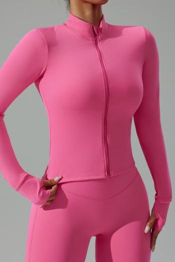 sports high stretch solid color slim zip-up thumb hole yoga top