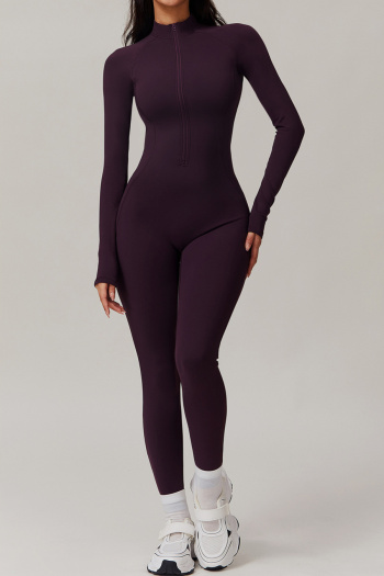 sports high stretch pure color long sleeve yoga skinny jumpsuit(size run small)