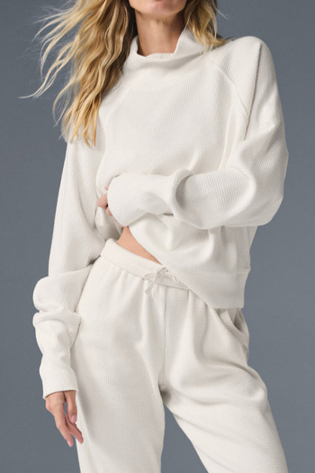 casual slight stretch solid color high collar waffle breathable sweatshirt