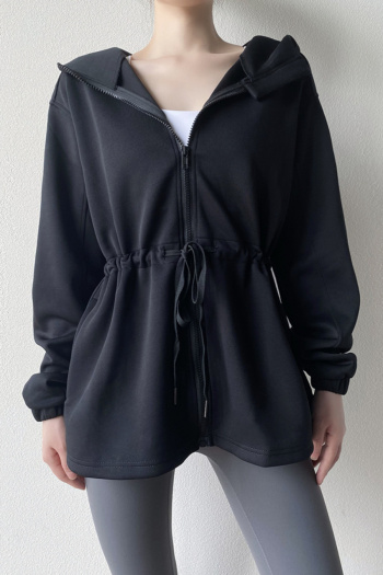 pure color slight stretch zip-up hooded loose sports outerwear size run small