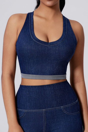 sports high stretch imitation denim print with padded tight fit yoga crop vest