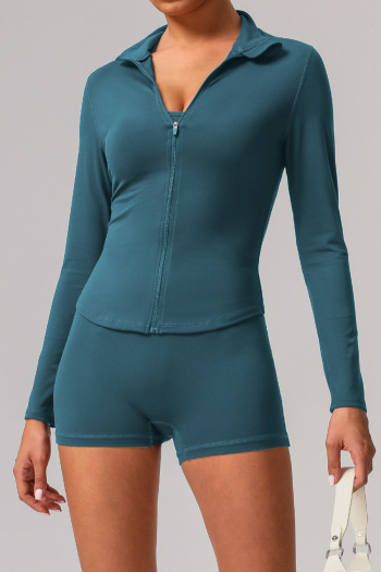 sports high stretch solid color breathable zip-up yoga shorts sets
