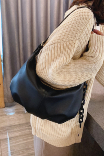 Solid color zip-up dark pocket chain ajustable crossbody shoulder PU leather handbag