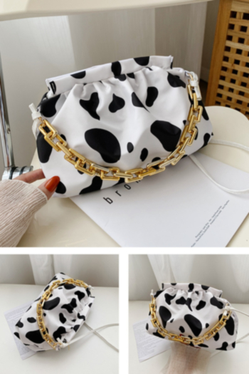 Fashion metal chain dairy cow printing pleating zip-up PU handbag