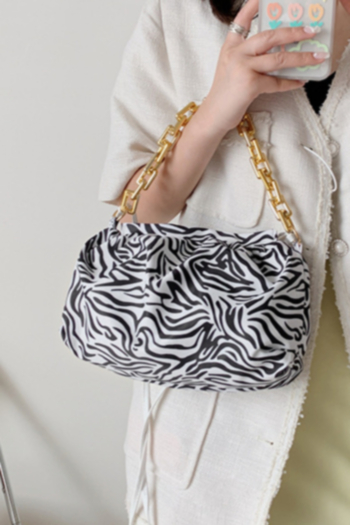 Metal chain zebra printing pleating zip-up PU handbag