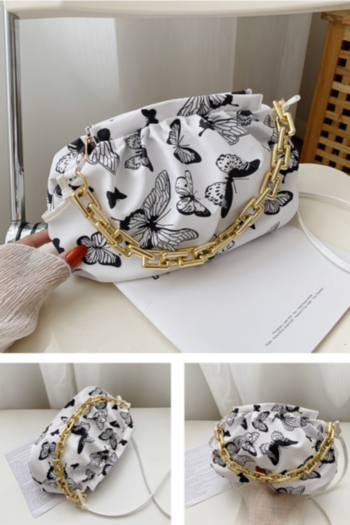 Butterfly printing metal chain pleating zip-up PU handbag