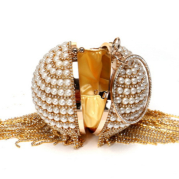 Three color round metal chain rhinestone pearl tassel hand crossbody clutches bag