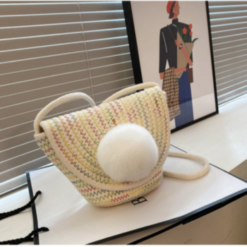 Three color magnetic button hairball decoration crossbody straw bag