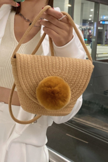 Three color magnetic button hairball decoration crossbody straw bag