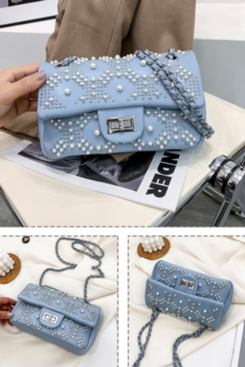 Four color pearl personality rivets PU lock button metal chain shoulder bag