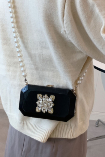 Two color acrylic pearl chain lock button rhinestone crossbody bag 