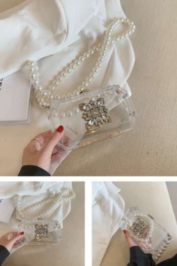 Two color acrylic pearl chain lock button rhinestone crossbody bag 
