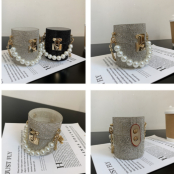 Three color pearl metal chain lock button rhinestone crossbody cylinder handbag 