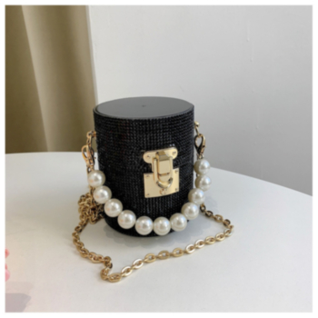 Three color pearl metal chain lock button rhinestone crossbody cylinder handbag 