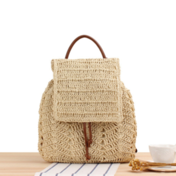 Two color beach simple ajustable drawstring crochet straw backpack