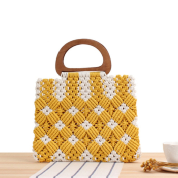 three color wooden handle plaid contrast color cotton rope woven bag