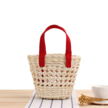 Two color solid color cutout straw bag(with a small bag)