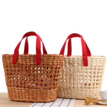 two color cutput drawstring straw bag(with a small bag）
