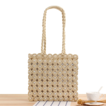 Two color solid color cutout pearl decor drawstring straw bag(with a small bag)