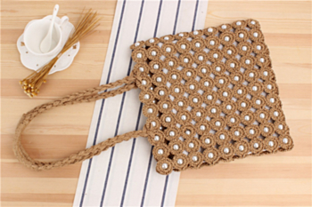 Two color solid color cutout pearl decor drawstring straw bag(with a small bag)