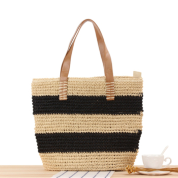 two color simple stripe zip-up seaside beach vacation straw bag