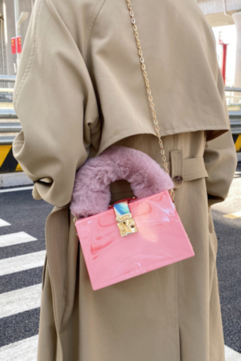 seven color fluffy plush metal chain acrylic crossbody handbag 19cm(l)* 9cm(w)* 22cm(h)