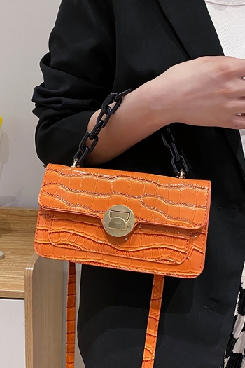 fashion retro orange solid color pu crocodile pattern thick lock button metal chain ajustable crossbody handbag 21cm(l)* 6cm(w)* 12cm(h)